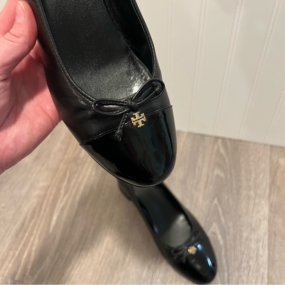 TORY BURCH Mixed Black Leather Cap-Toe Ballerina Block Pumps Size 7 - Picture 9 of 14